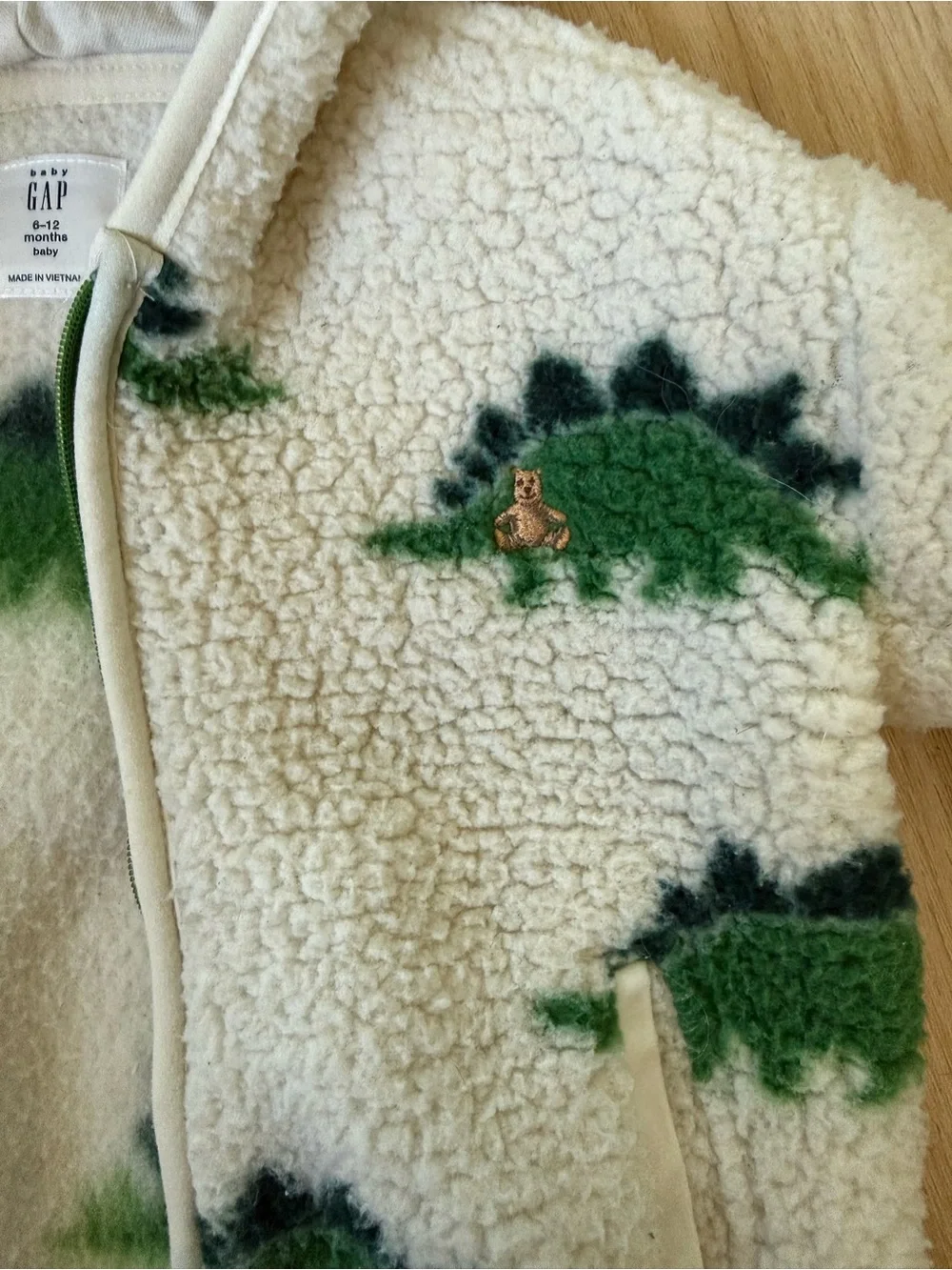 Gap Baby Boy Cream Sherpa Hoodie with Green Dinosaur Print 6-12 months
